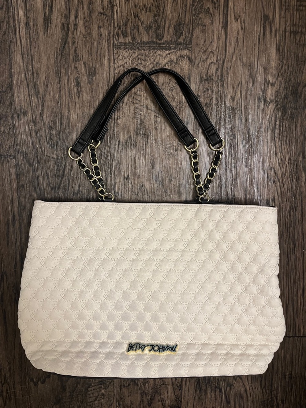 Betsey Johnson Cream Quilted Shoulder Bag with Black Chain-Straps